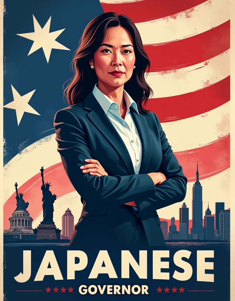 [Core Concept]
A powerful and inspirational campaign poster for a Japanese-American woman running for state governor, highlighting her platform of  and justice.

[Character Description]
The central figure is a confident, determined Japanese-American woman in her 40s or 50s, her gaze direct and unwavering as she projects an air of strength and leadership.

[Environment/Background]
The background is a blend of patriotic imagery, including a waving American flag, symbols of , and a sleek, modern cityscape that suggests progress and innovation.

[Style and Atmosphere]
The overall aesthetic is bold, dynamic, and visually striking, with a color palette of rich reds, whites, and blues that convey a sense of American pride and determination.

[Composition]
The composition is balanced and symmetrical, with the candidate's portrait taking center stage and the campaign slogan prominently displayed in a clean, impactful font.

[Details and Embellishments]
Subtle design elements, such as subtle patterns or geometric shapes, add depth and visual interest to the poster, while the candidate's confident pose and attire suggest her professionalism and gravitas.

[Technical Specifications]
The poster is designed for high-resolution printing, with a clean, modern layout that would be eye-catching and memorable when displayed in public spaces.