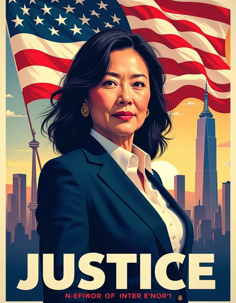 [Core Concept]
A powerful and inspirational campaign poster for a Japanese-American woman running for state governor, highlighting her platform of  and justice.

[Character Description]
The central figure is a confident, determined Japanese-American woman in her 40s or 50s, her gaze direct and unwavering as she projects an air of strength and leadership.

[Environment/Background]
The background is a blend of patriotic imagery, including a waving American flag, symbols of , and a sleek, modern cityscape that suggests progress and innovation.

[Style and Atmosphere]
The overall aesthetic is bold, dynamic, and visually striking, with a color palette of rich reds, whites, and blues that convey a sense of American pride and determination.

[Composition]
The composition is balanced and symmetrical, with the candidate's portrait taking center stage and the campaign slogan prominently displayed in a clean, impactful font.

[Details and Embellishments]
Subtle design elements, such as subtle patterns or geometric shapes, add depth and visual interest to the poster, while the candidate's confident pose and attire suggest her professionalism and gravitas.

[Technical Specifications]
The poster is designed for high-resolution printing, with a clean, modern layout that would be eye-catching and memorable when displayed in public spaces.
