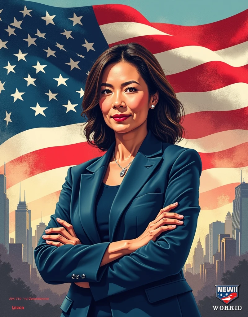 [Core Concept]
A powerful and inspirational campaign poster for a Japanese-American woman running for state governor, highlighting her platform of  and justice.

[Character Description]
The central figure is a confident, determined Japanese-American woman in her 40s or 50s, her gaze direct and unwavering as she projects an air of strength and leadership.

[Environment/Background]
The background is a blend of patriotic imagery, including a waving American flag, symbols of , and a sleek, modern cityscape that suggests progress and innovation.

[Style and Atmosphere]
The overall aesthetic is bold, dynamic, and visually striking, with a color palette of rich reds, whites, and blues that convey a sense of American pride and determination.

[Composition]
The composition is balanced and symmetrical, with the candidate's portrait taking center stage and the campaign slogan prominently displayed in a clean, impactful font.

[Details and Embellishments]
Subtle design elements, such as subtle patterns or geometric shapes, add depth and visual interest to the poster, while the candidate's confident pose and attire suggest her professionalism and gravitas.

[Technical Specifications]
The poster is designed for high-resolution printing, with a clean, modern layout that would be eye-catching and memorable when displayed in public spaces.