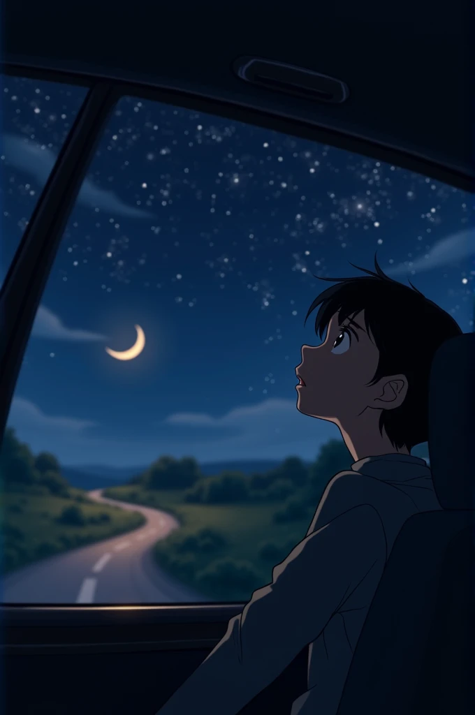 An animation of someone looking at the stars and crescent moon while sitting in the back of a car