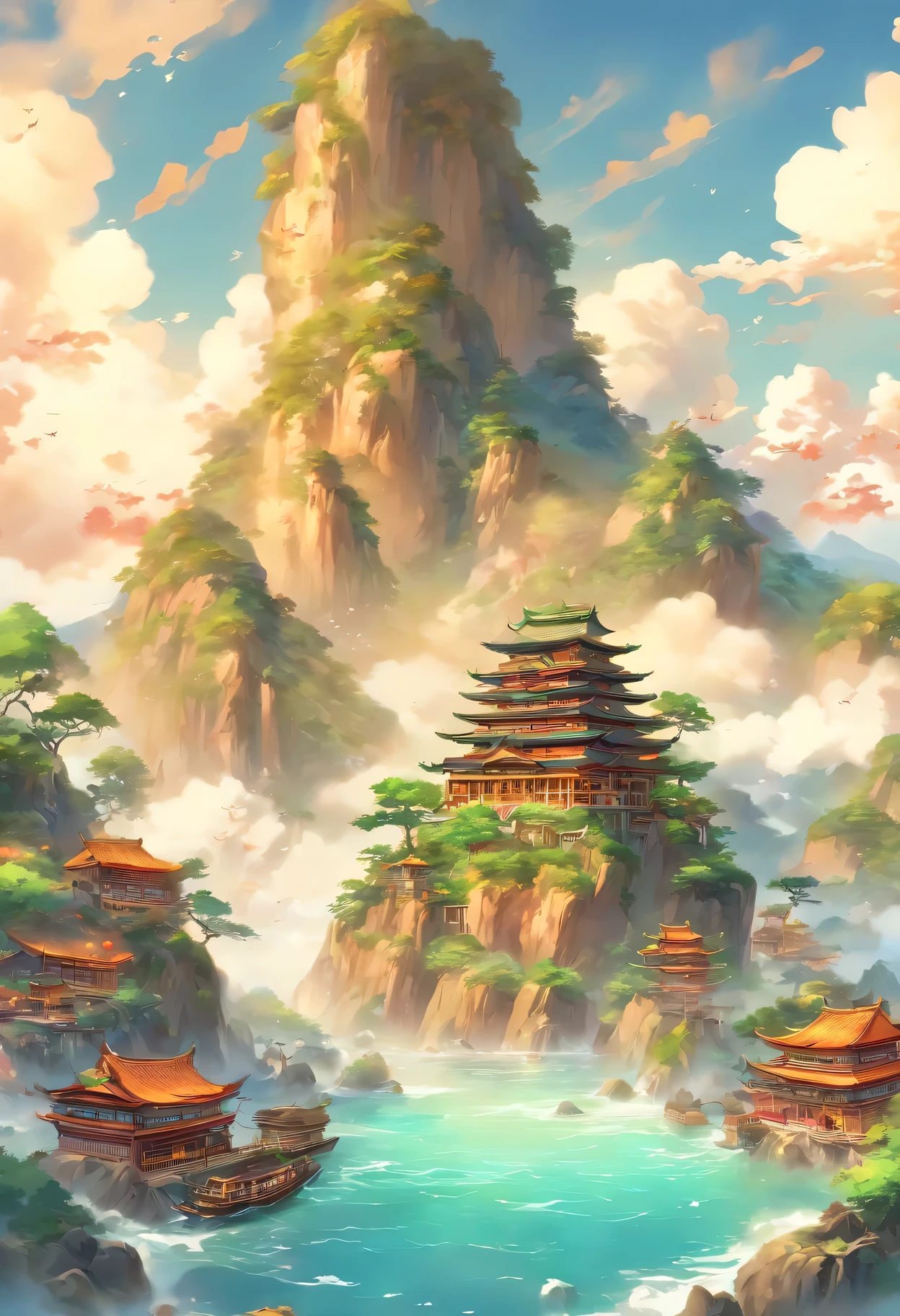 (((islands)) best quality, Ultra-high resolution, 4K Detailed CG, masterpiece, archipelago, islands, Pancreatic Islets, Ocean, water, river, shui mo hua, Chinese painting style, Thangka style, Aesthetic, Beautiful images, In the center of the screen