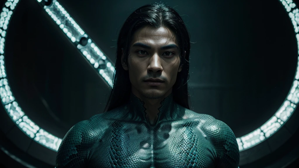 [Core Concept] A mystical, serpentine humanoid with striking features.

[Character Description] A man with fair, porcelain-like skin and distinct Asian features. His hair is straight, jet-black, and voluminous, framing his face. Piercing blue snake-like eyes gaze intently, and small fangs protrude slightly from his lips. Slivers of white scales are scattered across his face, creating an otherworldly, reptilian appearance.

[Environment/Background] (not provided)

[Style and Atmosphere] Otherworldly, mystical, and slightly unsettling.

[Composition] (not provided)

[Details and Embellishments] The man's features evoke a sense of the supernatural, blending human and serpentine qualities into a captivating, hybrid form.

[Technical Specifications] (not provided)