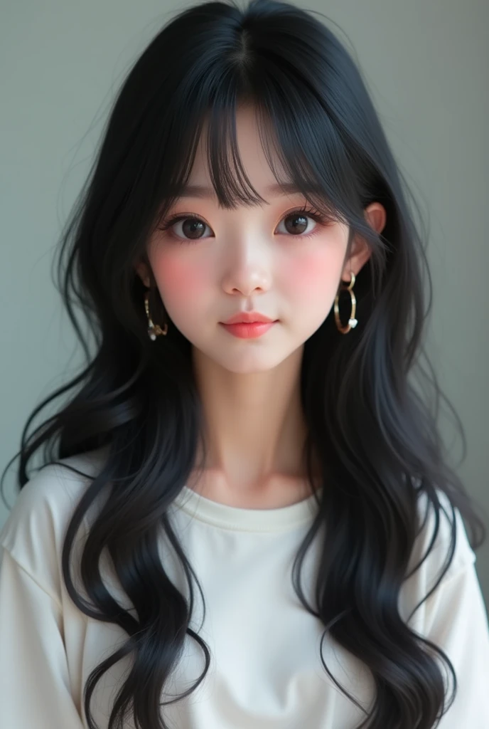 front、smile、T-shirt、long hair、soft face、black hair、8K resolution、surreal、super fine、 ((highest resolution、8K、masterpiece:1.3))、super fineな顔、super fineな唇、fine eyes、double eyelid、front:1.0、whole body:1.2、cute