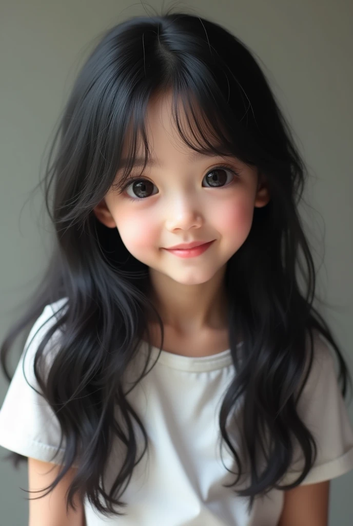 front、smile、T-shirt、long hair、soft face、black hair、8K resolution、surreal、super fine、 ((highest resolution、8K、masterpiece:1.3))、super fineな顔、super fineな唇、fine eyes、double eyelid、front:1.0、whole body:1.2、cute