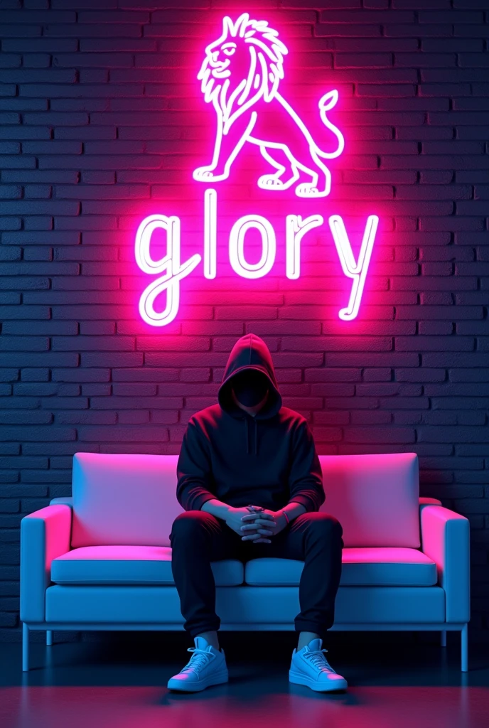 A striking and vibrant neon sign illuminates the night, featuring a glowing lion. The bright pink neon text "glory" stands out against the dark blue brick wall backdrop. Below, a hooded figure sits on a white sofa, bathed in the pink glow of the neon letters. The individual's casual attire and sneakers convey an aura of mystery and urban allure. The high color saturation and bold typography create an eye-catching, dynamic scene.