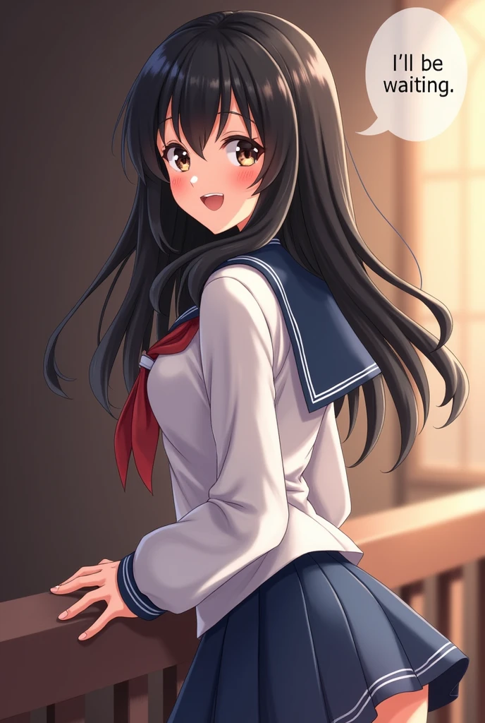 A mature woman with long black hair in a sailor uniform turns around to look at me.、While peering「I&#39;ll be waiting」Saying this, he cheerfully runs off.