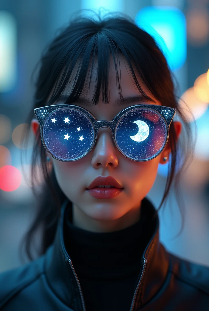 The model is wearing glass sunglasses with stars and the moon on the glass