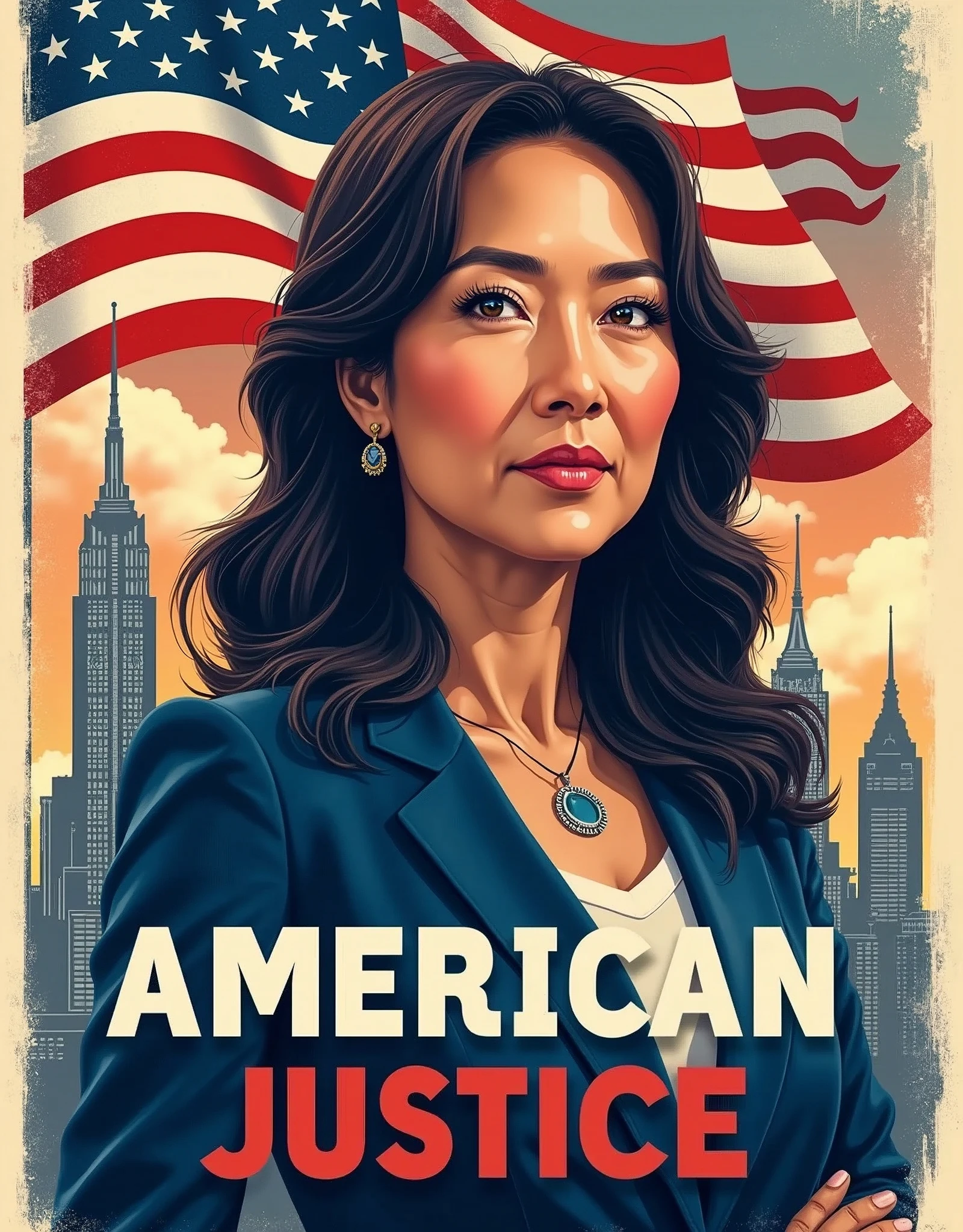 [Core Concept]
A powerful and inspirational campaign poster for a Japanese-American woman running for state governor, highlighting her platform of  and justice.

[Character Description]
The central figure is a confident, determined Japanese-American woman in her 40s or 50s, her gaze direct and unwavering as she projects an air of strength and leadership.

[Environment/Background]
The background is a blend of patriotic imagery, including a waving American flag, symbols of , and a sleek, modern cityscape that suggests progress and innovation.

[Style and Atmosphere]
The overall aesthetic is bold, dynamic, and visually striking, with a color palette of rich reds, whites, and blues that convey a sense of American pride and determination.

[Composition]
The composition is balanced and symmetrical, with the candidate's portrait taking center stage and the campaign slogan prominently displayed in a clean, impactful font.

[Details and Embellishments]
Subtle design elements, such as subtle patterns or geometric shapes, add depth and visual interest to the poster, while the candidate's confident pose and attire suggest her professionalism and gravitas.

[Technical Specifications]
The poster is designed for high-resolution printing, with a clean, modern layout that would be eye-catching and memorable when displayed in public spaces.