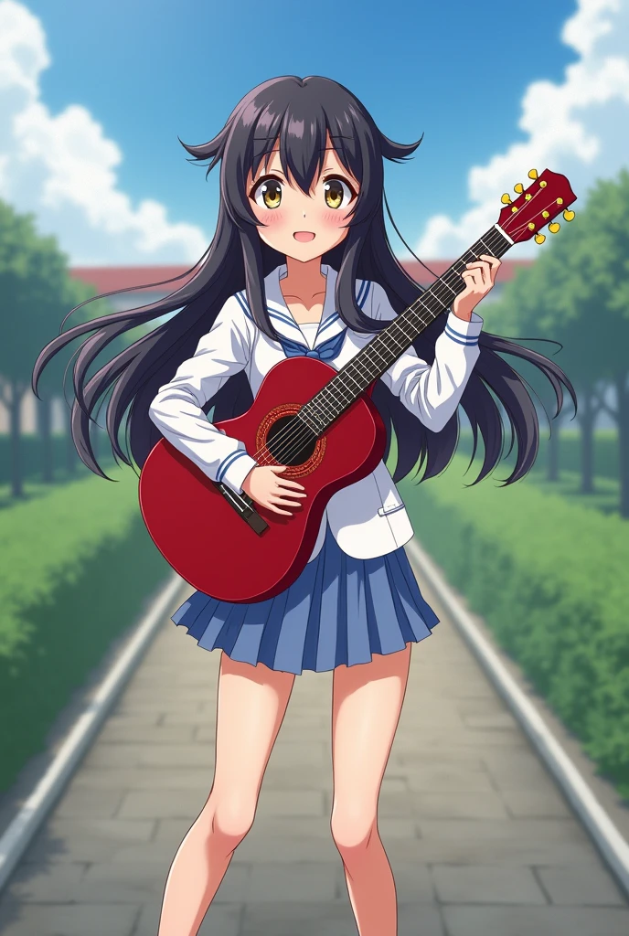 (A scene of a very pretty school in the background) A girl of 1,25 with long hair and a guitar-shaped body, legs open showing her pink pussy and her dark ass with a rapturous smile 