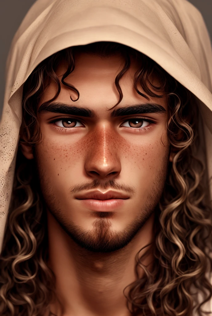 young man with tanned skin and long wavy hair, freckled and hazel-eyed, greek nose, without facial veil