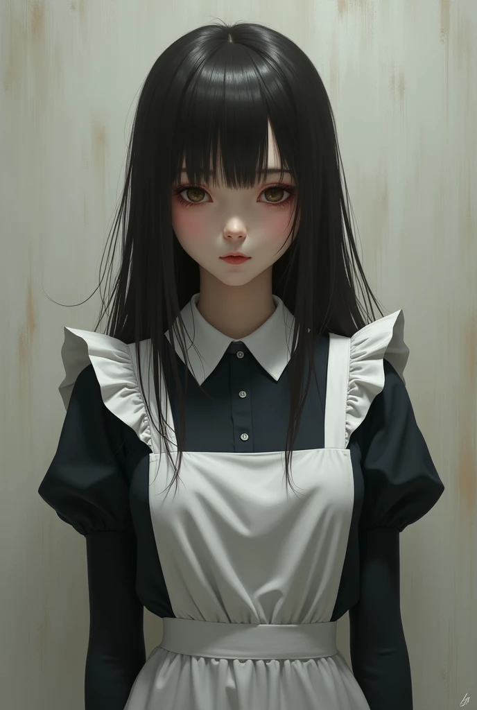 [Core Concept] A masterpiece of the highest quality, depicting a young woman with a vacant, melancholic expression.

[Character Description] The girl is shown wearing a maid's uniform, her face bearing a subtle, yet unsettling smile that seems to conceal a deeper emotional turmoil within.

[Environment/Background] The background is sparse and devoid of distractions, allowing the viewer to focus solely on the subject and her enigmatic expression.

[Style and Atmosphere] The artwork has a refined, polished aesthetic, with a sense of quiet contemplation and a hint of underlying tension that permeates the scene.

[Composition] The composition is carefully balanced, placing the girl at the center of the frame, her vacant gaze drawing the viewer in and inviting them to ponder the deeper meaning behind her expression.

[Details and Embellishments] Subtle yet impactful details, such as the delicate folds of the maid's uniform and the nuanced interplay of light and shadow on the girl's face, contribute to the overall sense of depth and complexity within the artwork.

[Technical Specifications] The image is a high-quality, meticulously crafted digital painting that showcases the artist's technical mastery and ability to evoke a range of emotional responses through their work.