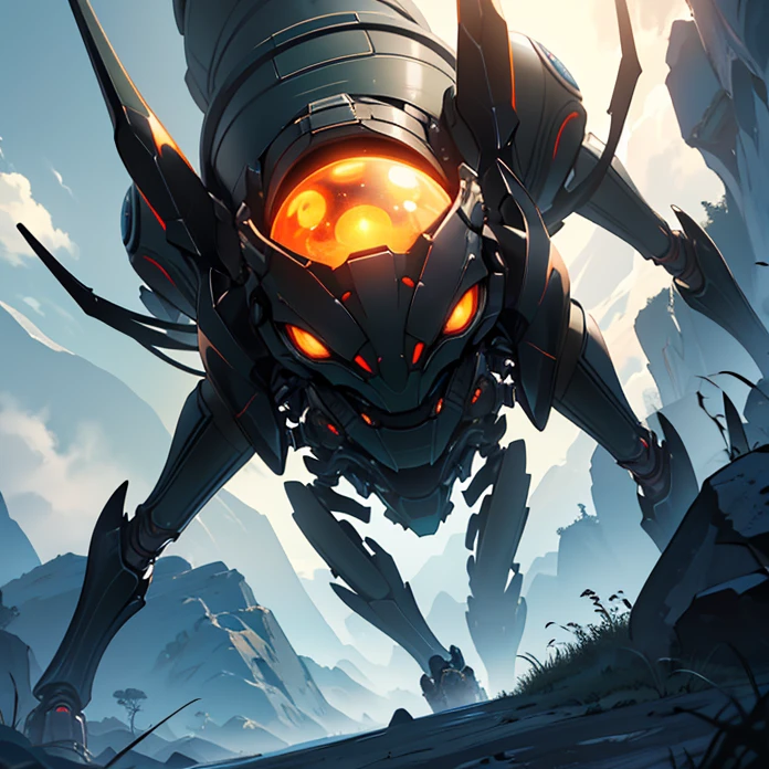 Absurdres, best high quality, high resolution, masterpiece, best quality, HD, solo character, simple background, science fiction, alien being, solo, full design, front view, arachnid creature, non humanoid features, no human caracteristics
{{giant biomechanical spider: (spider face, has 10 light-blue rounded spider eyes, silver spider mouth tendrills, four spider orange metalic legs, rounded blue colored metalic body, spider tail similar to a steel silver capsule), (walking calmly and peaceful, projecting a grey ologram screen on its back with only a little squared platform behind), (green sky, black stars on the sky, white stars on the sky, dark green clouds, yellow planet atmosphere, giant rounded mountains at the far side)}}