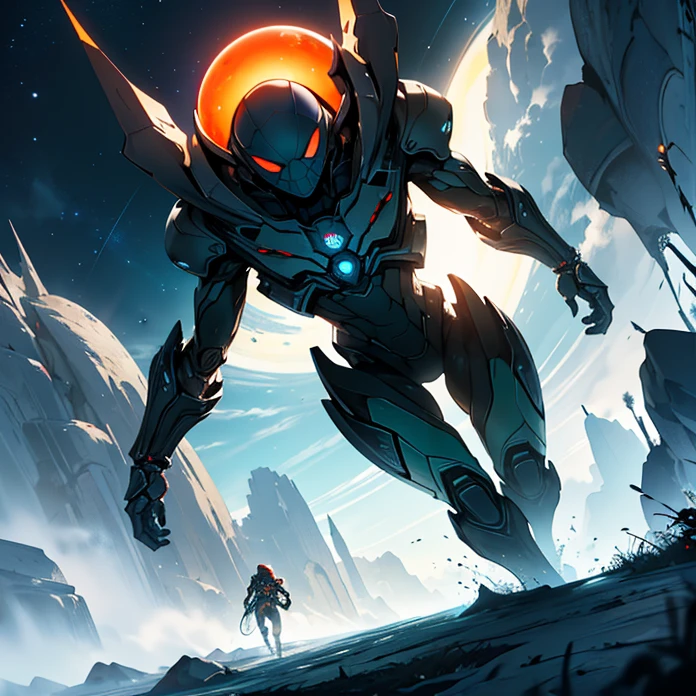 Absurdres, best high quality, high resolution, masterpiece, best quality, HD, solo character, simple background, science fiction, alien being, solo, full design, front view, arachnid creature, non humanoid features, no human caracteristics
{{giant biomechanical spider: (spider face, has 10 light-blue rounded spider eyes, silver spider mouth tendrills, four spider orange metalic legs, rounded blue colored metalic body, spider tail similar to a steel silver capsule), (walking calmly and peaceful, projecting a grey ologram screen on its back with only a little squared platform behind), (green sky, black stars on the sky, white stars on the sky, dark green clouds, yellow planet atmosphere, giant rounded mountains at the far side)}}