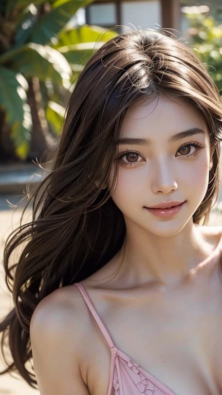 Young and beautiful Japan woman,, Light shiny brown messy medium length hair, Wearing a pink bikini, Perfect dynamic composition, Beautiful Eyes, Thin Hair, Detailed and realistic skin texture, Gentle expression, smile, Model body type、Lips close up
