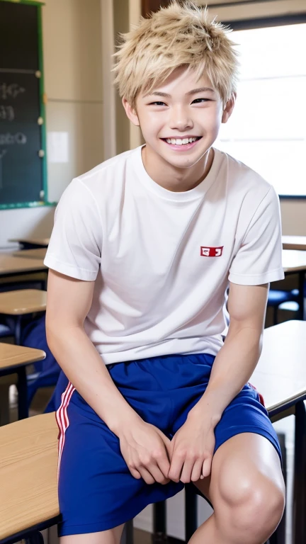 Japanese men、、Well-developed muscles and smooth skin、Pale blonde hair like Bakugou, but with a pointy cheek.、He laughed fearlessly, showing his teeth.、Pale red boxer briefs、The whole body is visible from toes to head、Changing clothes in the classroom、A smile that suggests strong will