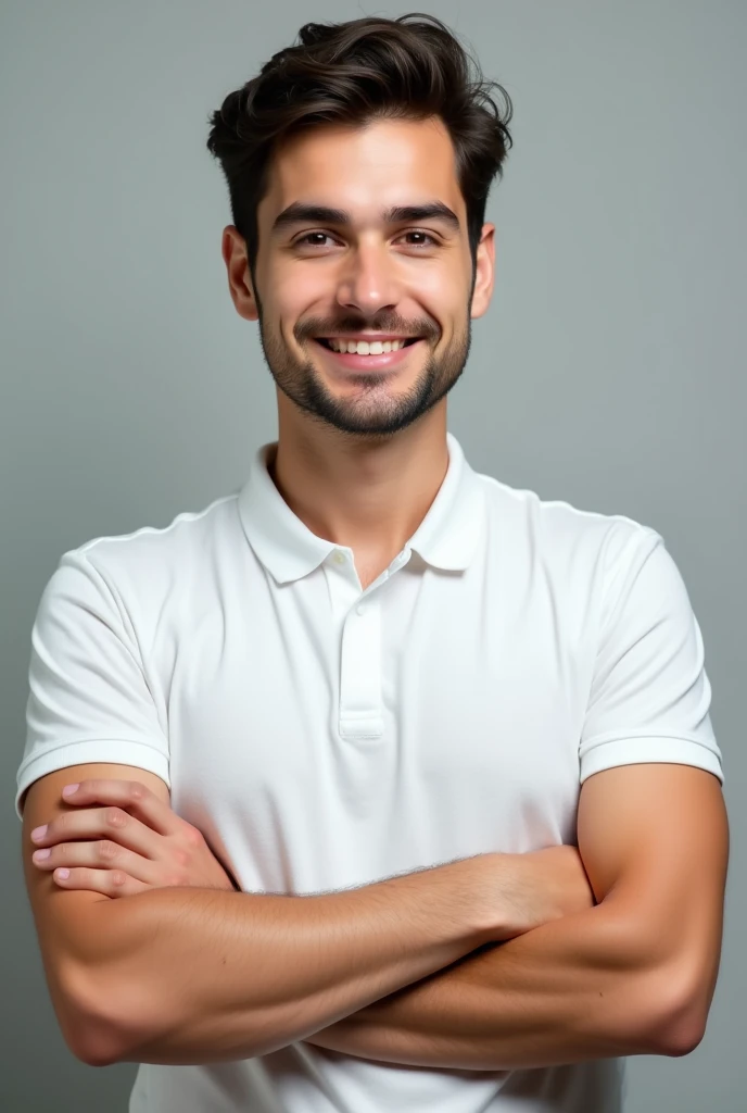 Create a person posing for a photo with arms crossed, wearing a white polo shirt. Put the face from the photo sent on this created person, to make it look like it's me in a more professional tone