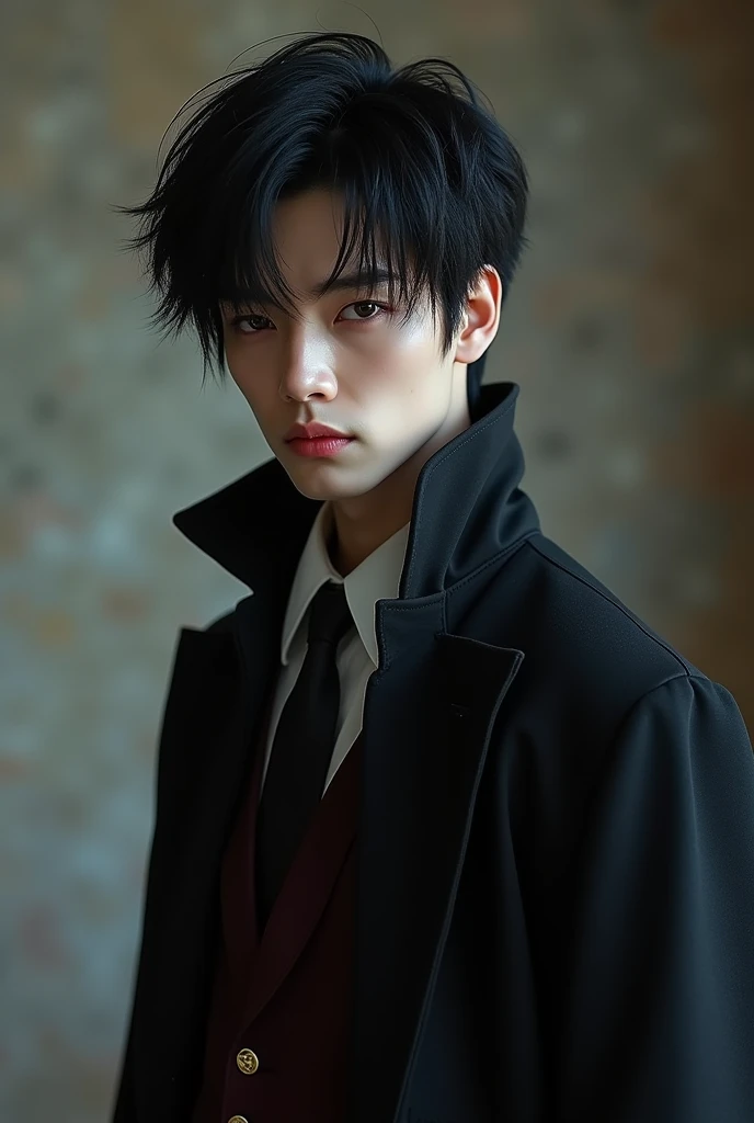 create a realistic young Korean vampire, black hair hair style, tall and muscular 