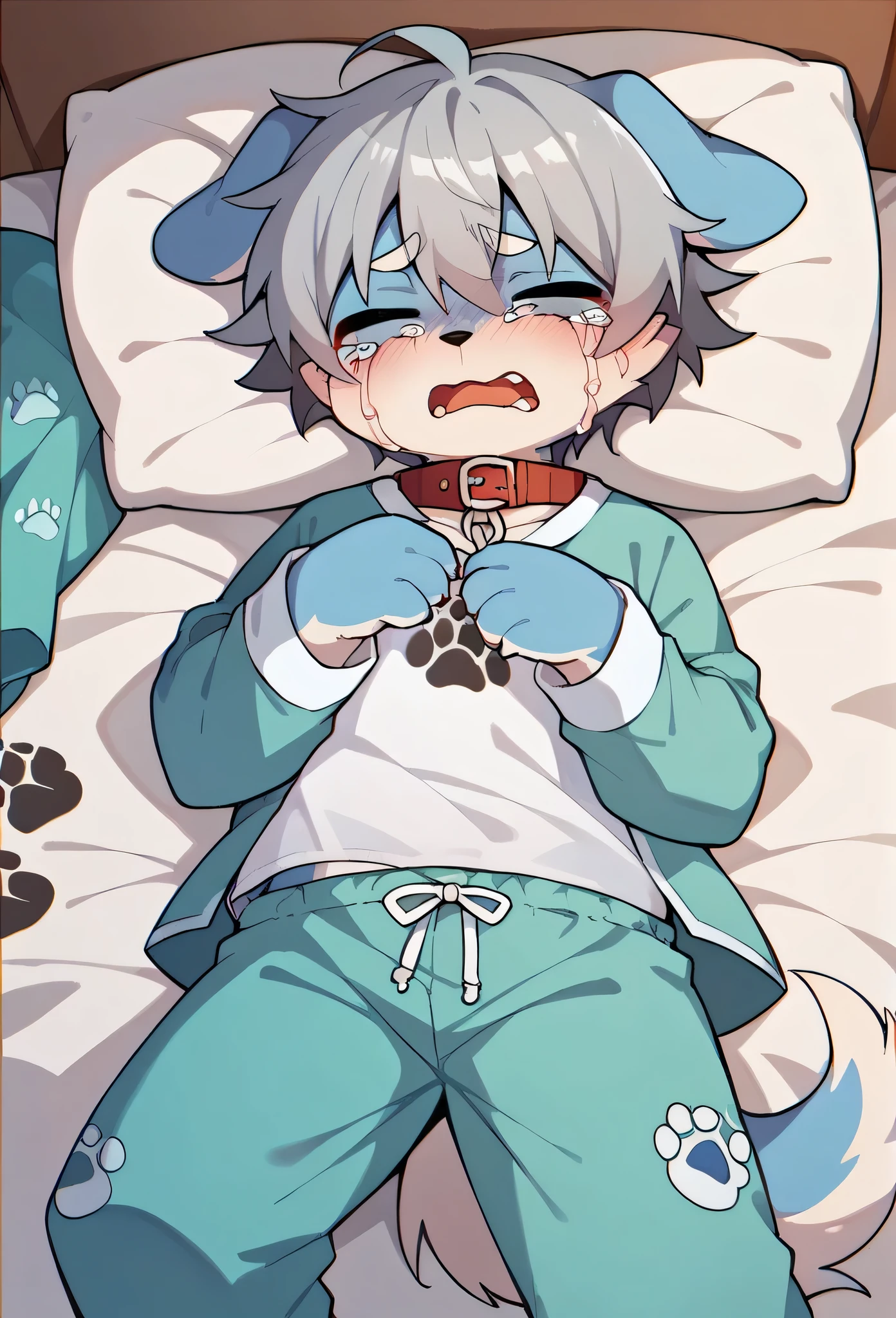 (Light blue fur,Gray Hair,)participate,Footprint clothes,Pajama Clothing,dog,cry,Cry loudly,Tears galore,Red collar