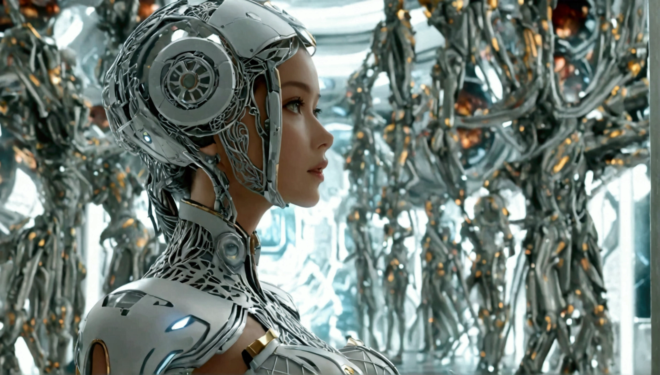 arafed woman in a futuristic suit standing in a room with many metal objects, still frame from prometheus, by Huang Ding, white russian clothes, rendering of beauty pageant, mesh headdress, machine elves, luxury advertisement, shoulders can be seen, cyber patterns, still frame from a movie --ar 16:9  