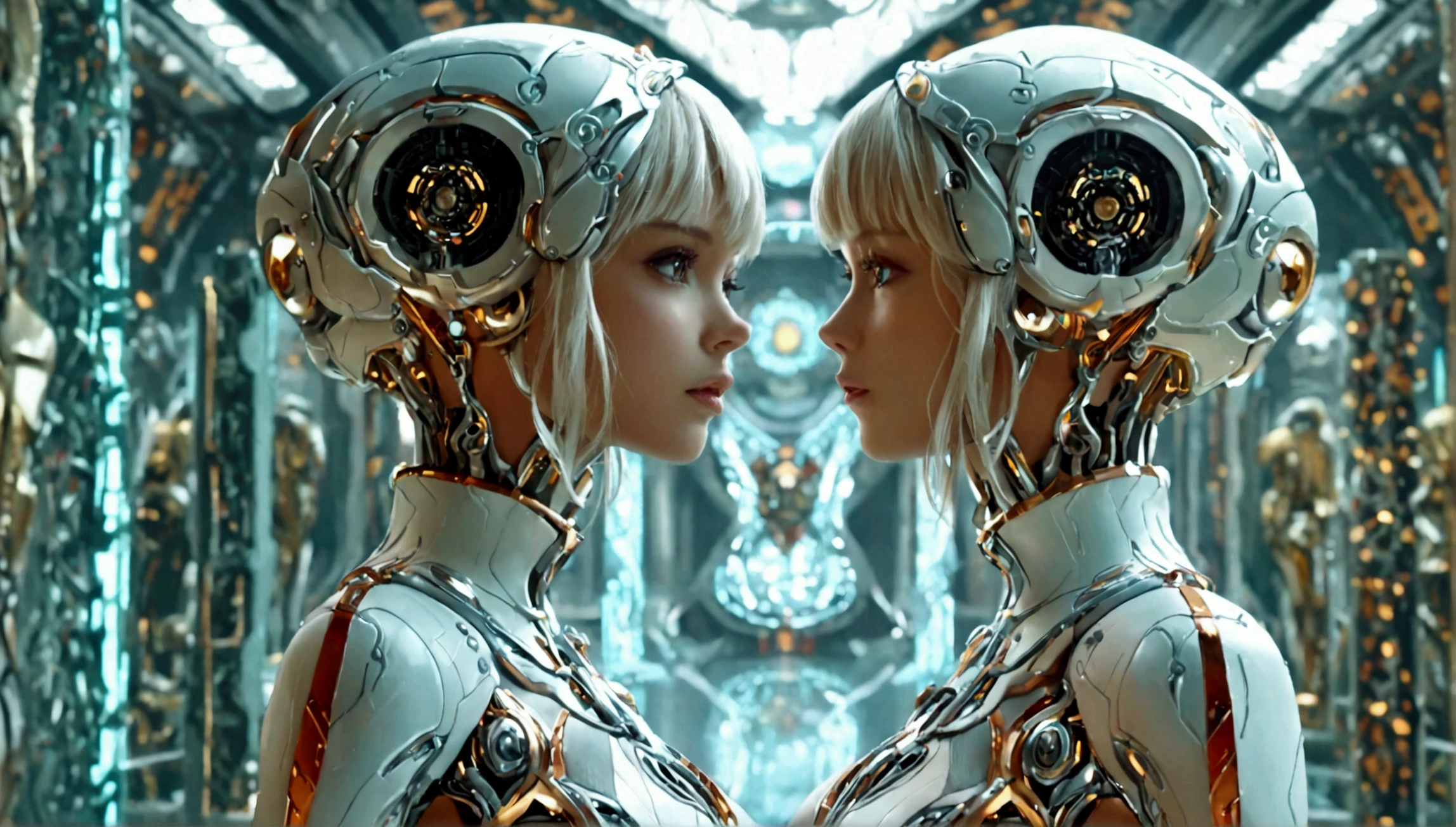 arafed woman in a futuristic suit standing in a room with many metal objects, still frame from prometheus, by Huang Ding, white russian clothes, rendering of beauty pageant, mesh headdress, machine elves, luxury advertisement, shoulders can be seen, cyber patterns, still frame from a movie --ar 16:9  