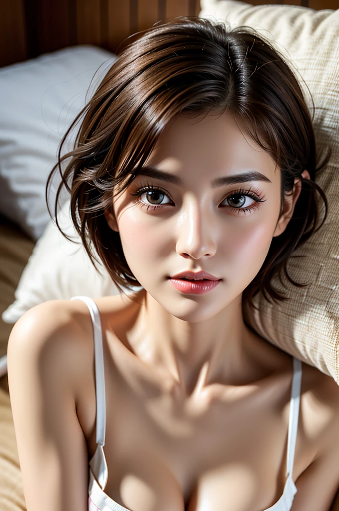 Realistic, Highest quality, Highest quality, Ultra-high resolution, RAW Photos, Realistic, Bright lighting, Face Light, Smooth Professional Lighting, alone, Beautiful woman, Super Beauty, Realistic skin, Moisturized Skin, Realistic eyes and faces, Perfect model body shape, Beautiful Eyes, Big eyes, Inconspicuous tear bags, slim, , Very good, No makeup, Beautiful fingers, Very short hair, brown hair, brown eye, seems to be happy, (Both ears are hidden by hair), Biomechanical, (((silk nightgown))), (((lying in bed))), (((Sleeping))), (((close your eyes))), (((head on pillow))), midnight, night light, (((bird viewing)))