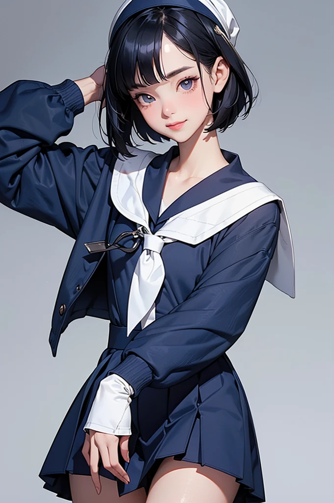 (Highly detailed CG Unity 8k), (Highest quality),(Very detailed),(超High resolution), (Beautiful Eyes), (Detailed facial features), (Detailed characteristics of the garment), High resolution, 8k resolution, Navy blue sailor suit, High school girl in sailor suit, Dark Blue Skirt, Anime 2D Rendering, smile, Black Hair, (((Navy blue sailor suit))), Black Stockings, (((School Scene))), (((Small face))), Bobcut, ((White headband)), (Transparent Background),