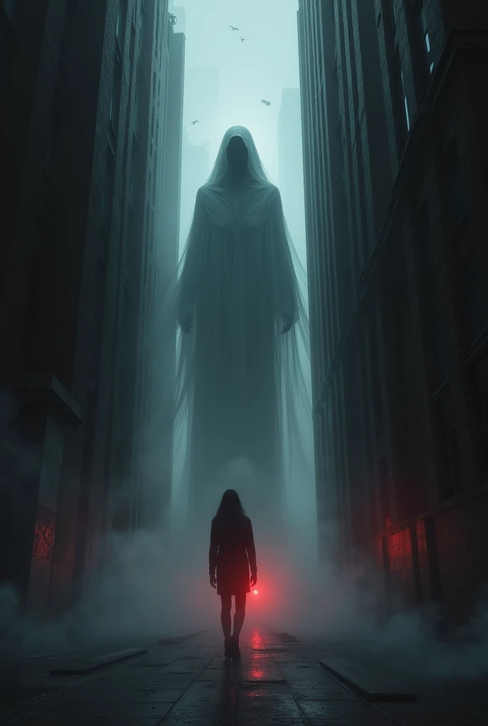 A ghost between 2 building and has a single red lighting at the background