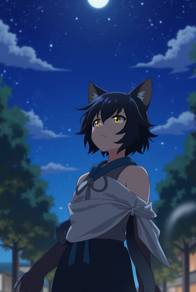 score_9,score_8_up,score_7_up,score_6_up, source_anime, 1boy, animal ears, solo, cat ears, cat tail, black hair, short hair, yellow eyes, blue necklace, closed mouth, furry, cat boy,
claws, off shoulder,
from below,
full body, sad eyes,
depth of field, blurry, foreshortening,
dappled moonlight, outdoors, , scenery, moonlight, night sky, bioluminescence, in the city,
masterpiece, best quality, very aesthetic, absurdres