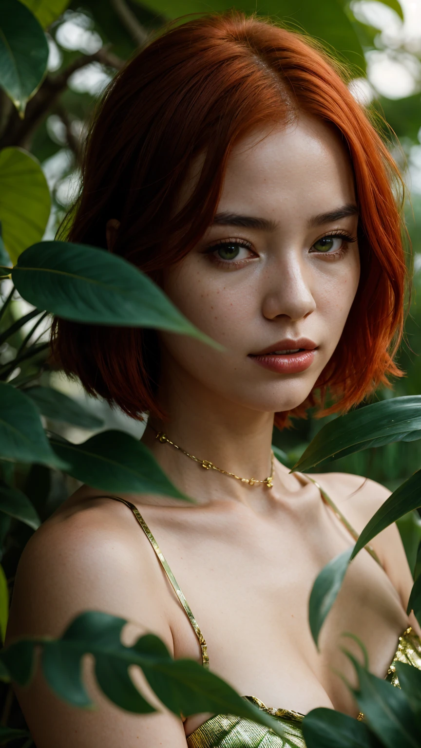 a woman with red hair and green leaves, hyper-realistic skin, shiny/glossy, modern jewelry, gongbi, portraiture, dark teal and light gold, tropical landscapes