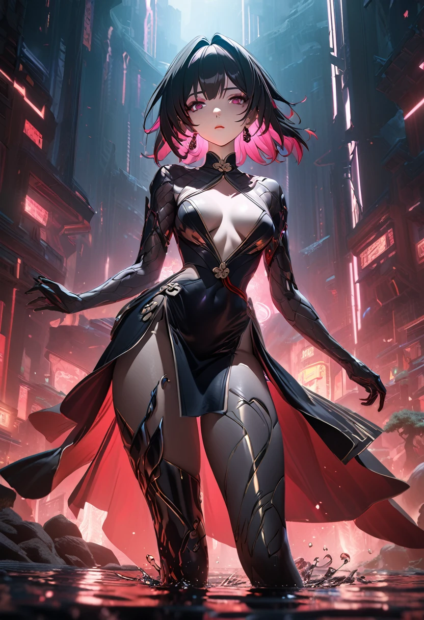 (striped veil covering the entire head), Slim body semi-covered by Egyptian technological clothing based on the sphinx, Neon Genesis Evangelion style, cyberpunk, lots of gold jewelry and rubies, action pose, ((Best quality)), ((masterpiece)), (detailed: 1.4), (Absurd), (((super defined eyes)))), Powerful Egyptian woman ready for war, perfect body, dark tanned shiny skin, Shakira, (((short black hair equal to Major motoko kusanagi from Ghost in the Shell))), (((perfect ass))), shoulder pad of the Anubis, ((head adornment that falls in two straps over the shoulders and has the part hanging over the nape of the neck tied in braid, called nemes with that of the sphinx)), defined body, bare thighs, closed mouth, only in panties, include hieroglyphics in clothing, generous neckline, ((perfect medium breasts)), (brown eyes without pupils), ((long black eyelashes)), ((heavy eye makeup)), ((Black stroke coming out of the corner of the eyes)), ((clothing in red and black and white colors)), ((Egyptian designs on the arms)), Egypt, Tutankhamun mask, Pharaoh, Bastet, Anubis, short underwear, garter belt, by mucha, niji --V5, close to real, psychopath, crazy face, sexy pose, inside a pyramid, 2 pieces clothing, centered, scale to fit the dimensions, HDR (High Dynamic Range),Ray Tracing,NVIDIA RTX,Super-Resolution,Unreal 5,Subsurface Dispersion, PBR Texture, Post-processing, Anisotropic filtering, Depth of field, Maximum clarity and sharpness, Multilayer textures, Albedo and specular maps, Surface shading, Accurate simulation of light-material interaction, Perfect proportions, Octane Render, Two-tone lighting, Wide aperture, Low ISO, White balance, Rule of thirds, 8K RAW, crysisnanosuit