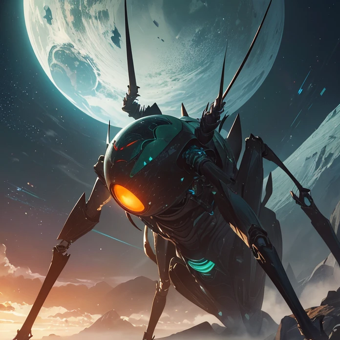 Absurdres, best high quality, high resolution, masterpiece, best quality, HD, solo character, simple background, science fiction, alien being, solo, full design, front view, arachnid creature, non humanoid features, no human caracteristics, “frank herbert’s dune aesthetic”
{{giant biomechanical spider: (spider face, has 10 light-blue rounded spider eyes, silver spider mouth tendrills, four spider orange metalic legs, rounded blue colored metalic body, spider tail similar to a steel silver capsule), (walking calmly and peaceful, projecting a grey ologram screen on its back with only a little squared platform behind), (green sky, black stars on the sky, white stars on the sky, dark green clouds, yellow planet atmosphere, giant rounded mountains at the far side)}}