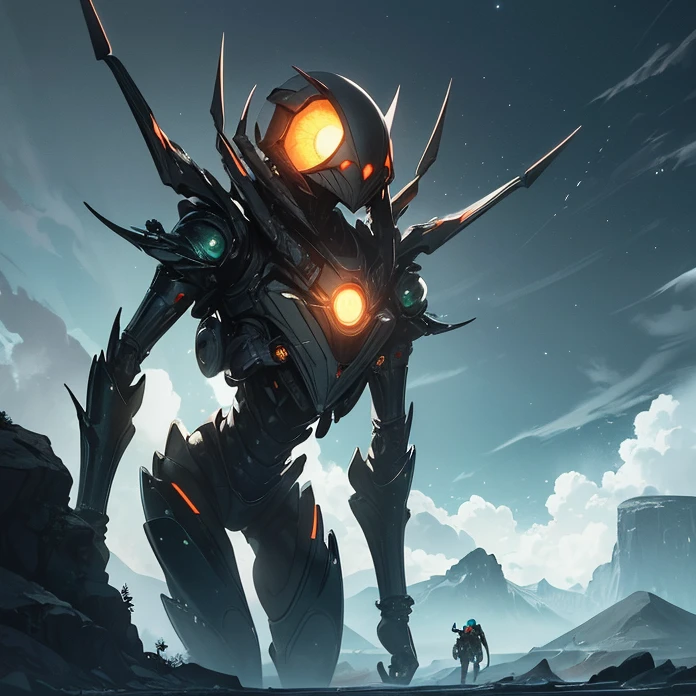 Absurdres, best high quality, high resolution, masterpiece, best quality, HD, solo character, simple background, science fiction, alien being, solo, full design, front view, arachnid creature, non humanoid features, no human caracteristics, “frank herbert’s dune aesthetic”
{{giant biomechanical spider: (spider face, has 10 light-blue rounded spider eyes, silver spider mouth tendrills, four spider orange metalic legs, rounded blue colored metalic body, spider tail similar to a steel silver capsule), (walking calmly and peaceful, projecting a grey ologram screen on its back with only a little squared platform behind), (green sky, black stars on the sky, white stars on the sky, dark green clouds, yellow planet atmosphere, giant rounded mountains at the far side)}}