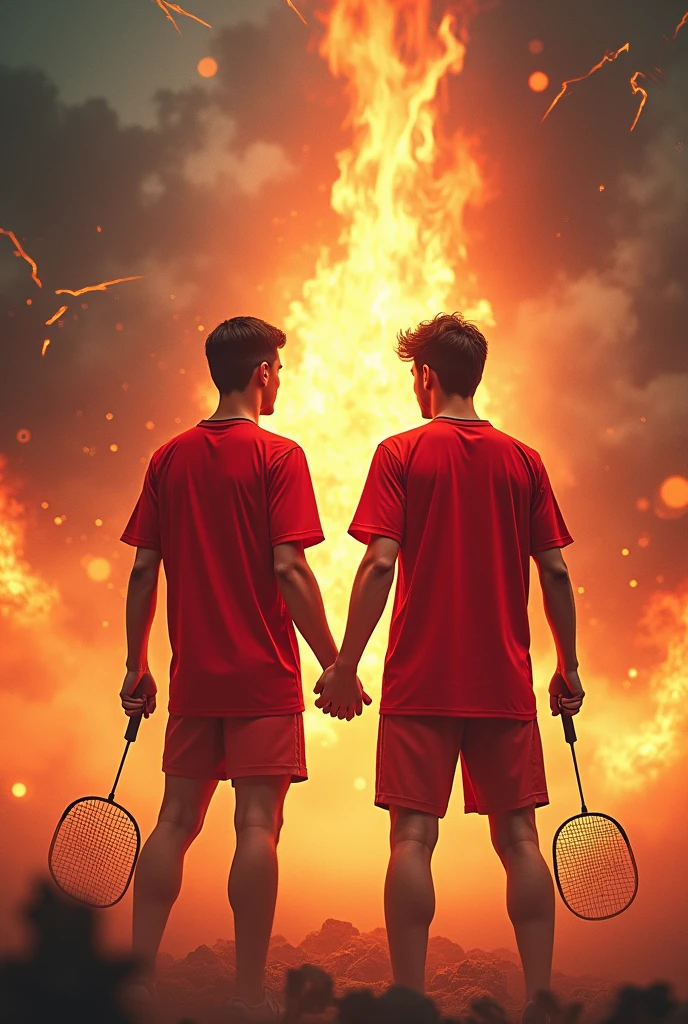 men standing holding badminton racaquet with flames. wearing red jerseys. background flames and thunder