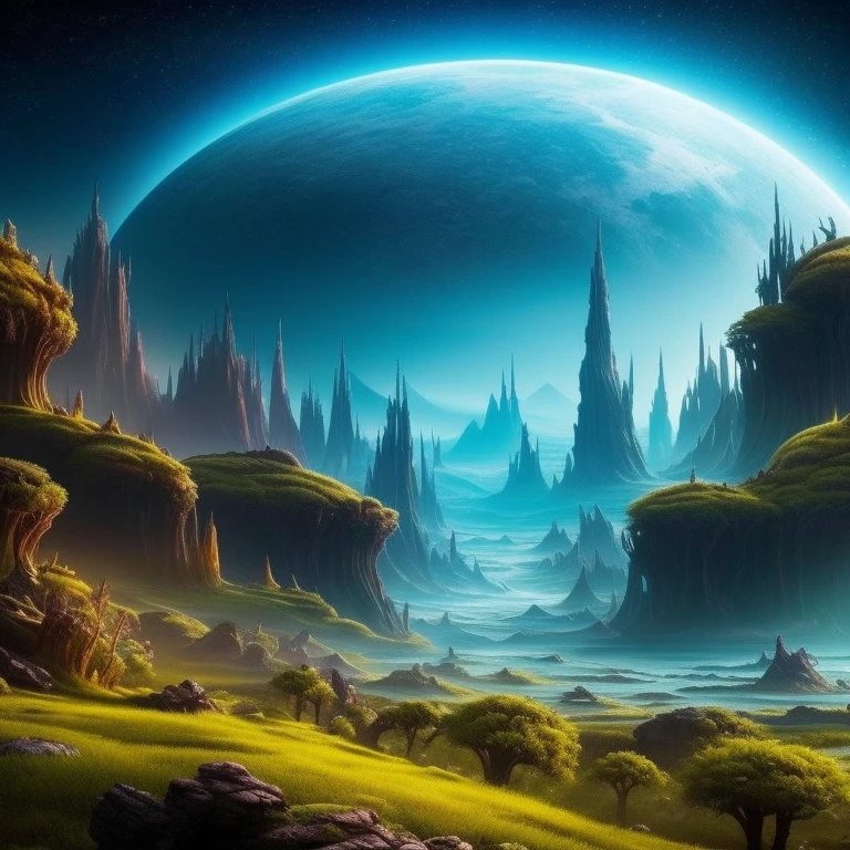 An alien landscape filled with strange sights and mysterious creatures, ethereal and Otherworldly, From the imagination of digital artists. ( masterpiece: 1.5, best quality), (Extremely detailed CG unity 8k wallpaper, masterpiece, Otherworldly), (Complex and surreal, Popular on artstation), (High contrast, Dramatic Lighting), (Exotic flora and fauna, Fine details), (Mysterious color palette, art), (Luminescence, 生物Luminescence, Super realistic), (Alien architectural wonders, complex texture), (Futuristic, Science fiction, puzzling