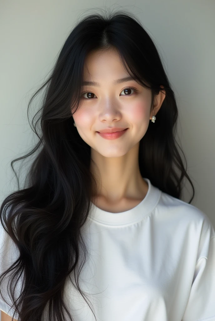 front、smile、T-shirt、long hair、soft face、black hair、8K resolution、surreal、super fine、 （（highest resolution、8K、masterpiece：1.3））、super fineな顔、super fineな唇、fine eyes、double eyelid、front:1.0、whole body:1.2、cute
