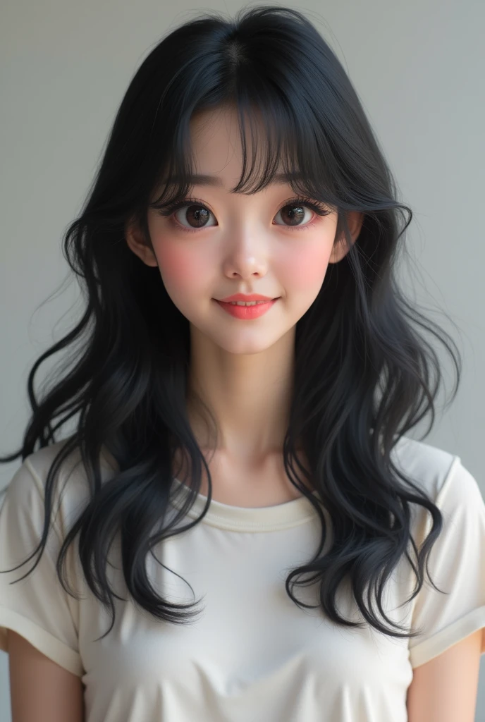 front、smile、T-shirt、long hair、soft face、black hair、8K resolution、surreal、super fine、 ((highest resolution、8K、masterpiece:1.3))、super fineな顔、super fineな唇、fine eyes、double eyelid、front:1.0、whole body:1.2、cute