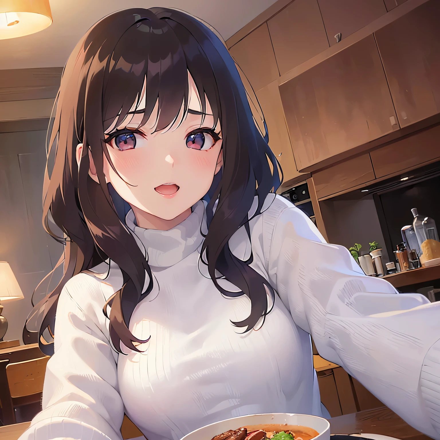 (looking at viewer:1.5)Upper Body, [closed eyes: (narrowed eyes:1.3):11], Drinking beer、
 Realistic, real person, (pale skin: 1.2), RAW photo, photorealistic, shiny skin, shiny hair、
(A 25-year-old woman with medium-length hair and bangs) and (wavy hair) and (brown hair) and (orange eyes),
 (White turtleneck long sleeve:1.5)
drunk,（blush：1.5）,smile,open mouth,The background is the living room at night