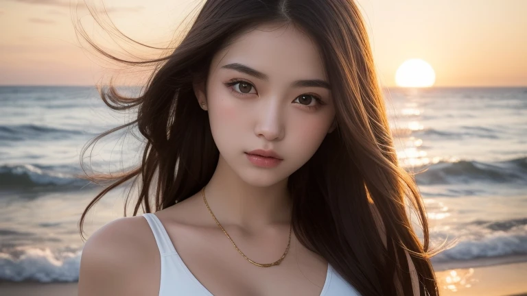 High quality, Very beautiful Ukrainian girl,Surreal portrait. 16 years old,She was wearing a beautiful white one-piece swimsuit.、Standing on the beach watching the sun set over the ocean。View your viewers,Flat chest.Small breasts, Shiny golden hair,The deep indigo of the night sky、Contrasting with the last traces of crimson near the horizon。, There are waves rolling in the background. The girl has medium long hair and a slim body with small breasts.. The photo must capture her eyes in detail., Detailed face, and beautiful, Refined nose. The image must be realistic, delicate, Quality down to the last detail,