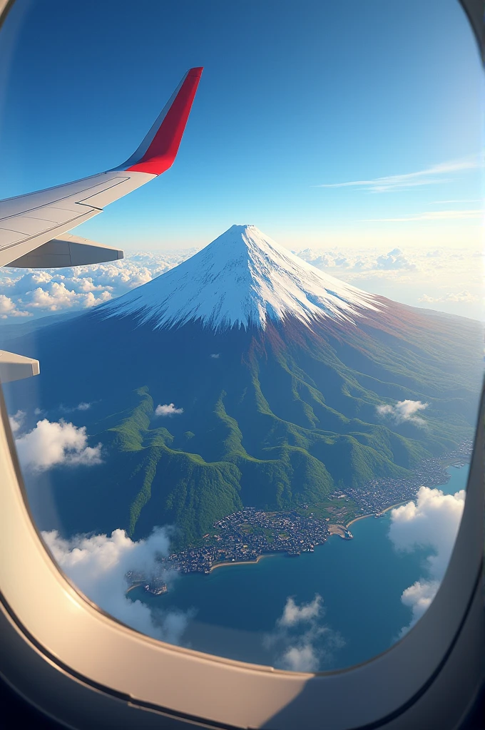 Mt. Fuji in summer as seen from an airplane window