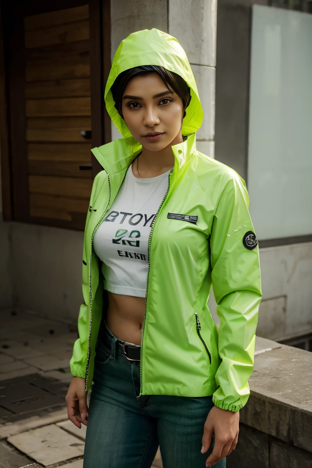 3d bright green waterproof jacket with writing on the left chest "dATIN PILKAdA 2024" d "KAMI BERGERAK dENGAN BUKTI, NOT A PROMISE"