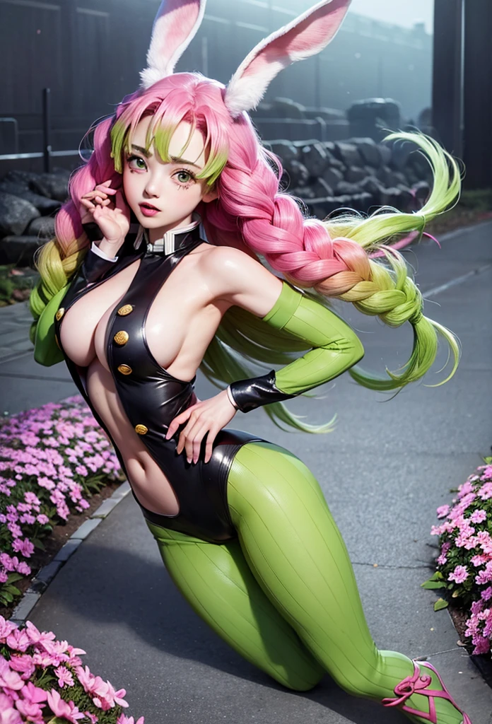 Masterpiece,Solo,One Girl,Mitsuri Kanroji,(Kimetsu No Yaiba),Perfect Body,Ultra High Quality,Ultra High Resolution,Photograph 16K,Bunny Suit,Bunny Ears,Multicolored Hair,Pink Green Hair,Beautiful,Beautiful Woman 