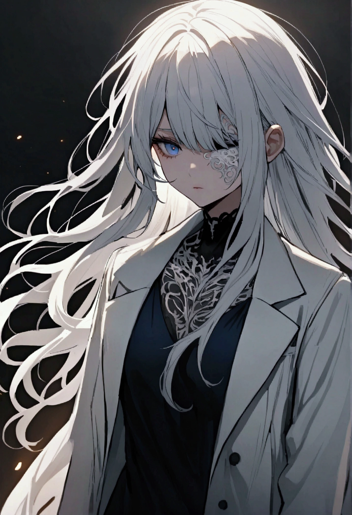 age girl, tidy hair, long hair, multicolored gray and white hair, eye white, face neutral, white tattoos on the body, ripped dark blue shirt, white overcoat, aura of metals around