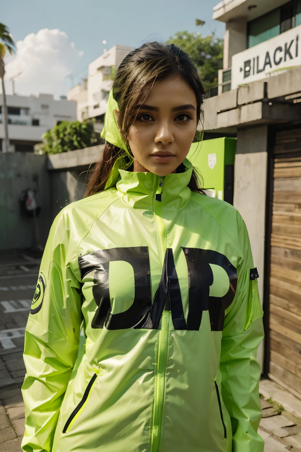 3d bright green waterproof jacket with writing on the left chest "dATIN PILKAdA 2024" d "KAMI BERGERAK dENGAN BUKTI, NOT A PROMISE"