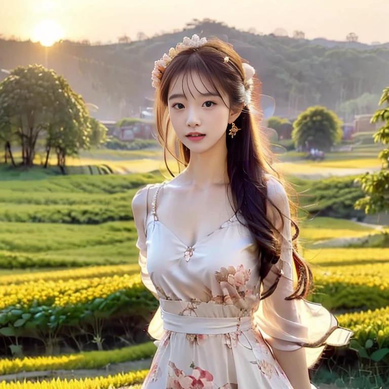 A beautiful girl in a floral dress，Walk on a vast field，evening，The weather is great，Golden rice fields，Blockbuster，Beautifully，Movie Effects