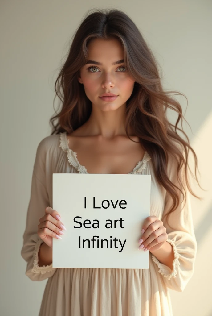 Beautiful girl with wavy long hair, bohemian dress, holding a white board with text "I Love Seaart Infinity" and showing it to the viewer