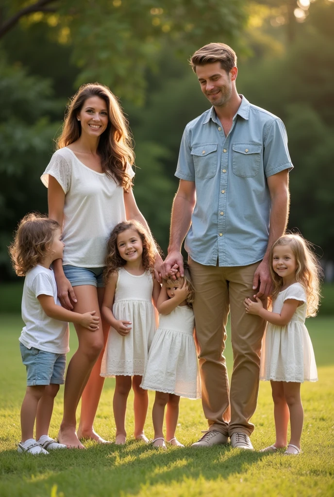 Casual family picture, one mather and father. Kids are two girls and two boys