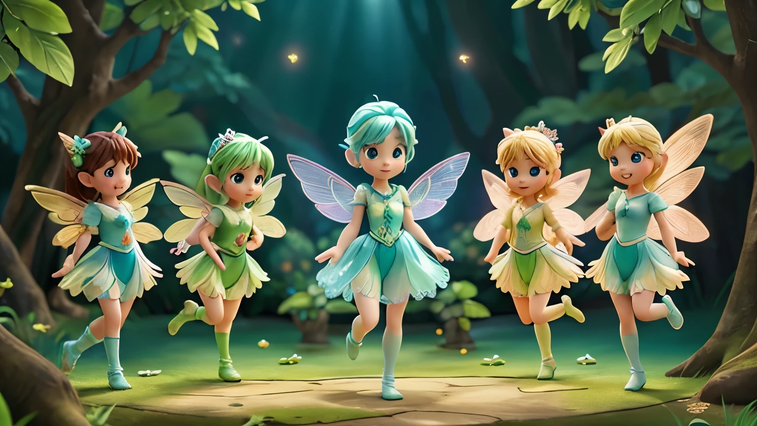 Five Fairies、Detailed face、Tinkerbell、Many winged fairies、、Reveal clothing、fly in the sky、((whole body))、((Dynamic Pose))、Various expressions、Pointed Ears、Long limbs、