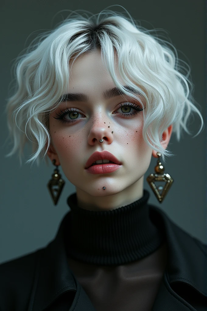 woman,short white wavy hair with black highlights,average height, medium complexion,obscure lenses, SEPTUM,two lip piercings,three piercings in the left ear