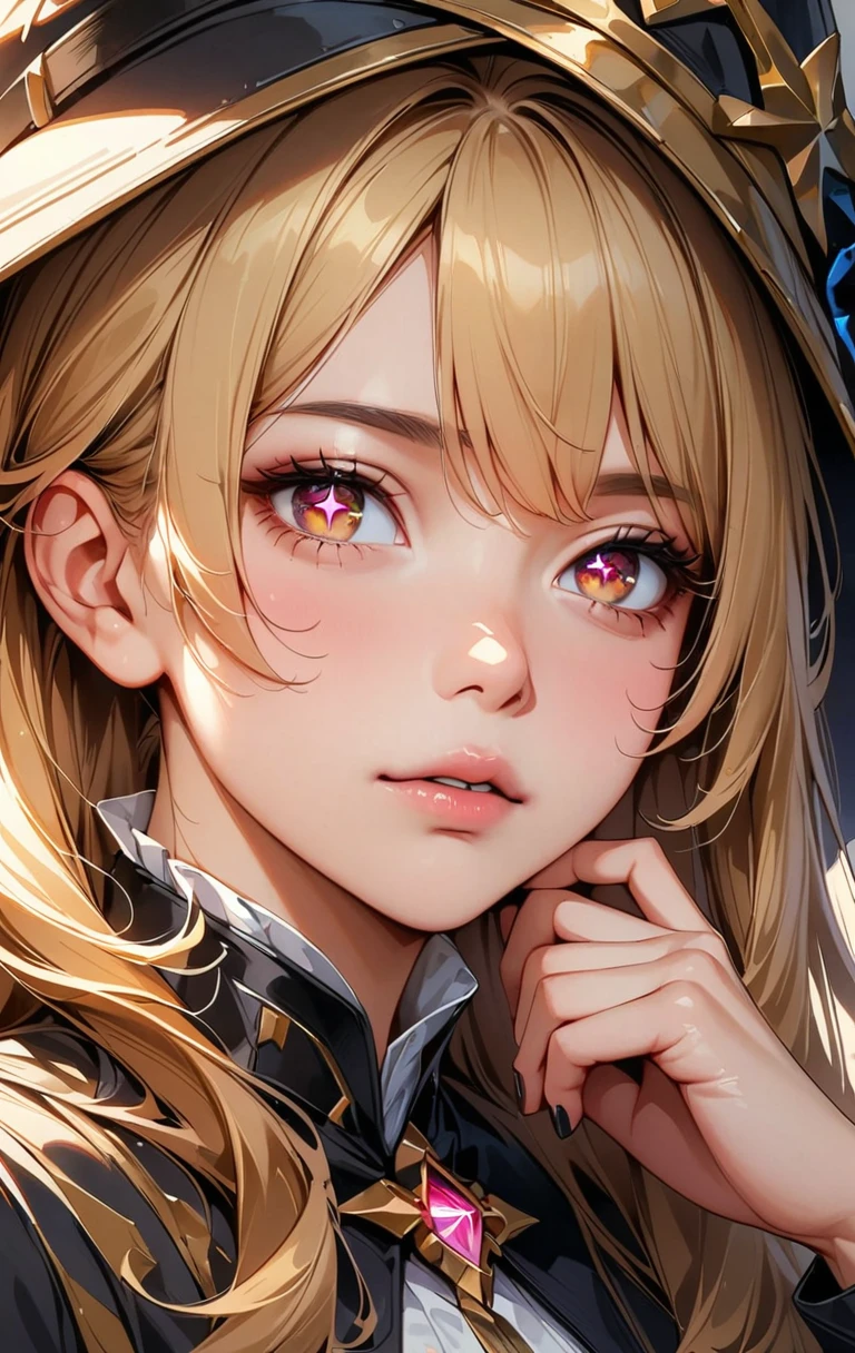 face, close up, close up shot, shine hair, shine clothes, shine, extremely details eyes, detailsสุดขีด, realistic, cinema, details, Masterpiece, 4K, 8ก, , Funk,, Fantasy AI_Burple,, In the building, Turtle ears (Genshin Impact), Genshin Impact, have, นักเรียนที่haveรูปร่างเป็นสัญลักษณ์, conjunctivitis, brown hair, star shaped pupil, Flower-shaped pupils, smooth, black nails, black hat