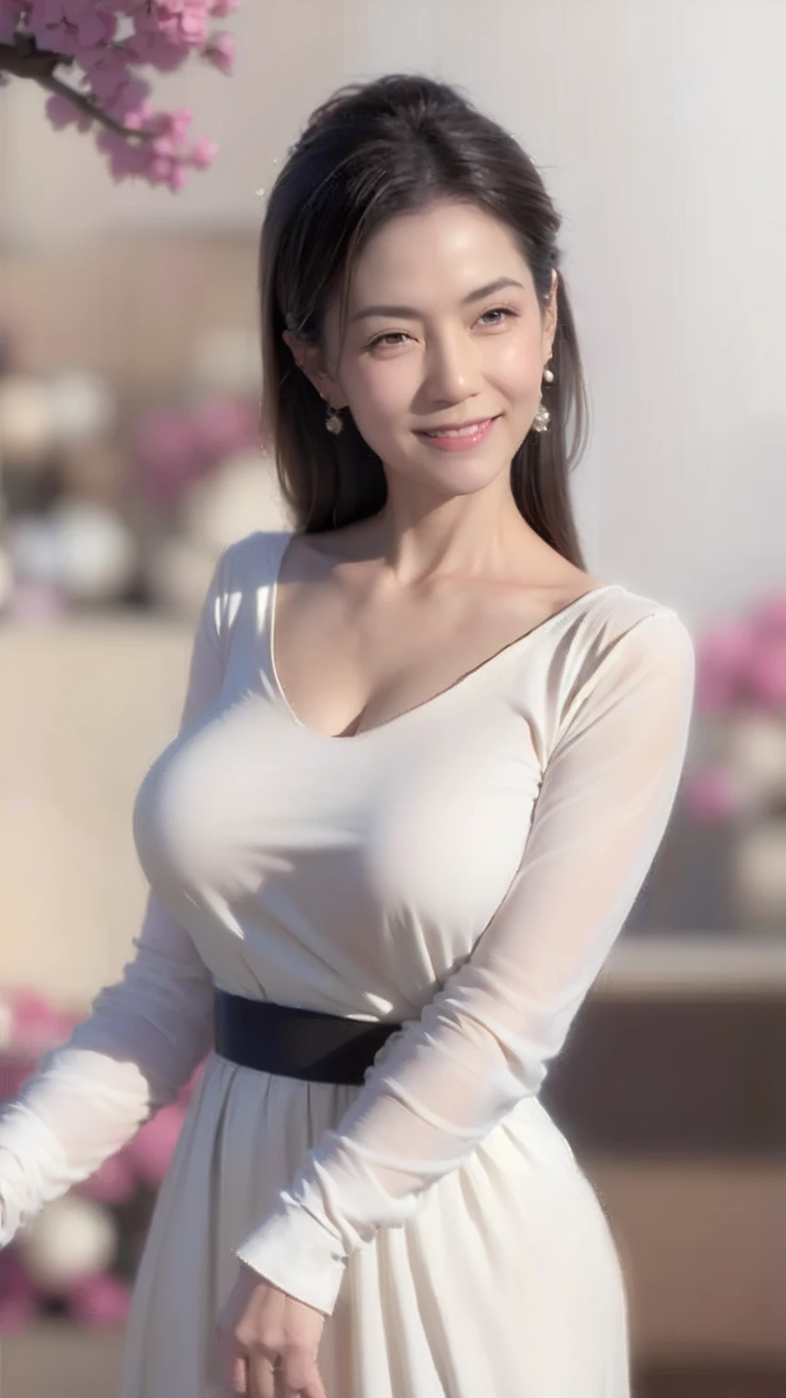 ((Highest quality, 8k, Ultra-high resolution)), ((masterpiece: 1.3)), (Perfect appearance), (Photorealism: 1.6), (JMA), (Who), (Portrait of a mature Japanese woman), (Blurred Background: 1.8), (sunny day in a park), (Woman standing in the shade), ((Look here)), ((Realistic skin texture)), (Fine wrinkles appear all over the skin, Dullness, Unmoisturized skin, Wrinkles around the eyes, double eyelid, Lower eyelid tear sulcus, Dimples, corner of the eye, Thin eyebrows), Slightly parted lips, Smiling Kindly, (Medium Wave Hairstyle), (Wide neckline fitted blouse: 1.2), (Lightweight blouse), (Voluptuous body), (Large Breasts), (Tight long skirt),